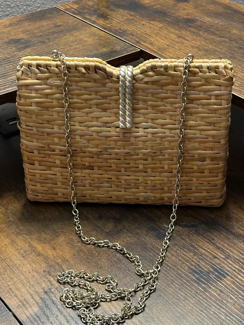 Zara Natural Tan Woven Straw Clutch with Gold-Tone Chain Closure